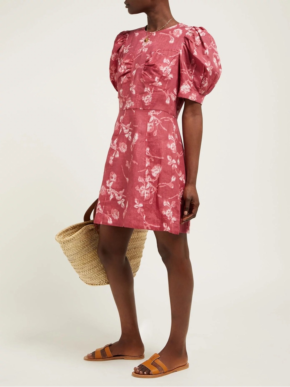 SEA New York Monet Floral Print Puff Sleeve Mini Dress Size 4 Pink Cotton A Line